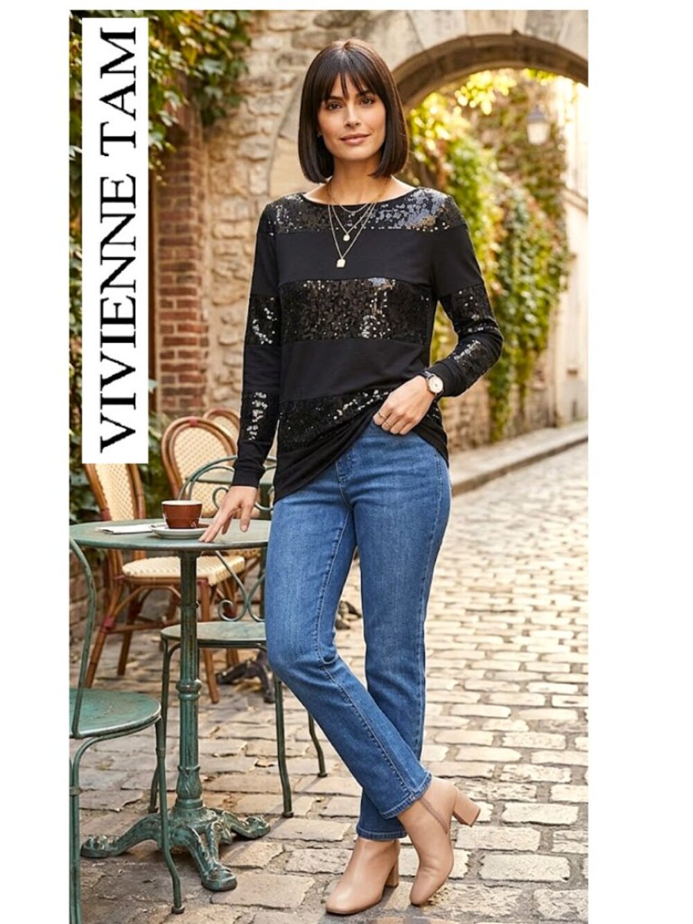 (3 for $30) VIVIENNE TAM, Long sleeve black striped sequin top